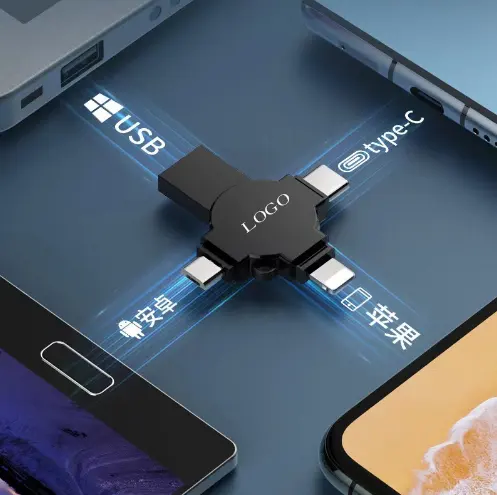 OTG Flash Drive USB logam 4 dalam 1, Flash Drive logam multifungsi, kompatibel dengan USB mikro/C /Lightning/ Micro