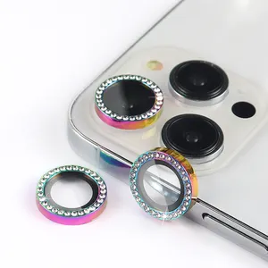 Factory direct sales 3d cell phone camera glass glitter diamonds full cover tempered glass for iphone 12 13 14 pro max