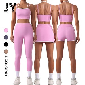 JY Ladies 2 pz Sport Gym abbigliamento sportivo Halther Crop <span class=keywords><strong>Top</strong></span> con imbottitura petto pieghevole vita alta lifting glutei e gonna Yoga set - Product Image 1
