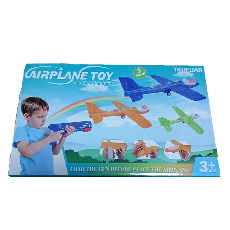 Juguete de avión de pistola de catapulta no tóxico ITTL de 35cm con aviones de espuma EVA de 3 colores y Juguete de tirador de avión de luces completas para niños