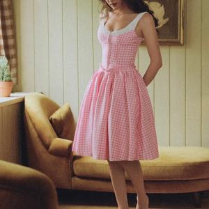 Vestido Midi Elegante a Cuadros para Mujer, Vestido de Verano con Tirantes Finos, Cintura Alta, Corte en A, Casual, OEM Personalizado - Product Image 3
