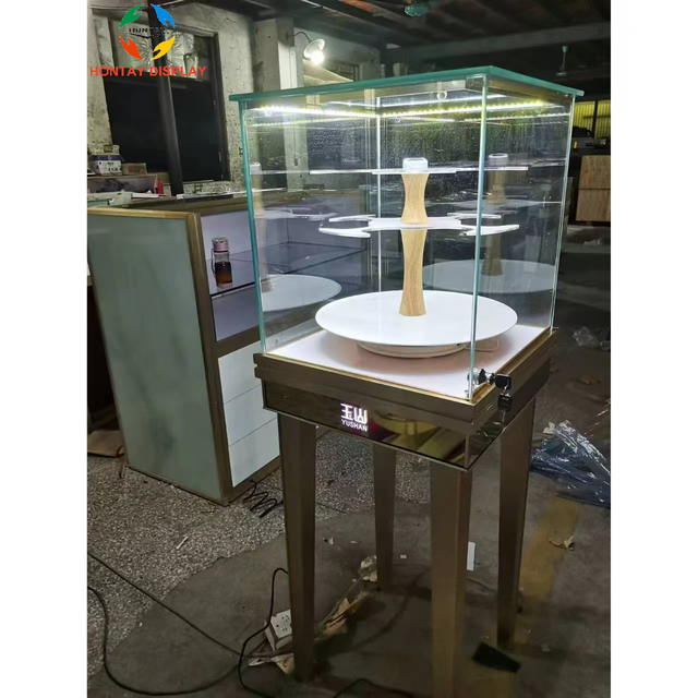 Wholesale Price High Quality Jewelry Display Cabinet Rotating Display Stand LED Glass Swing Door Key Lock Custom Jewellery