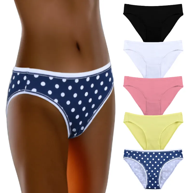 Bikini multicolore pour femmes respirant doux taille moyenne culotte vague point et solide coton bio dames sous-vêtements