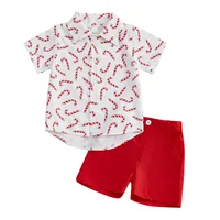 Tenues de Noël unisexes pour tout-petits, chemise en tricot à manches longues et col en V avec imprimé canne à sucre et ensemble short de couleur unie