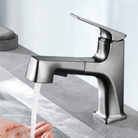 Robinet de lavabo de salle de bain moderne à poignée unique et à trou unique, en laiton gris canon, avec bec extractible, mélangeur d'eau chaude et froide, avec noyau de valve en céramique