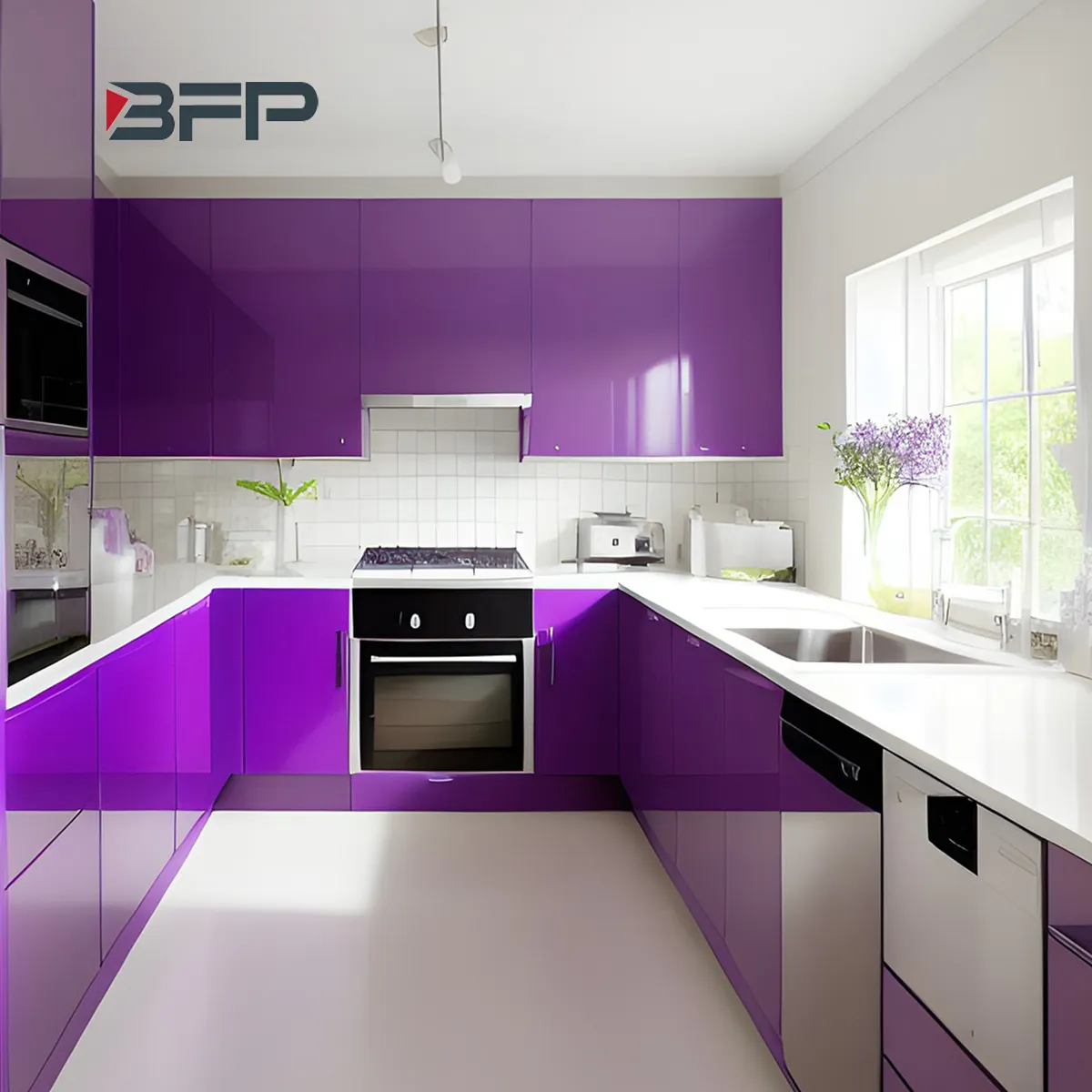 BFP Factory Price Smart Customized Lacquer High Gloss Finish 2 Pac Kitchen Cabinet in Bright Color Made in China