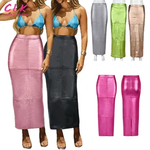 New 2024 Women Fashion Solid Color High Waist Metallic Bodycon Split Pu Maxi Skirt Casual Skirt