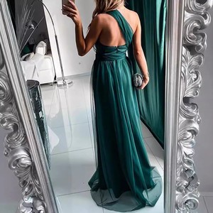 Vestido de noche de un solo hombro, color verde sólido, cintura imperio, vestido largo para mujer, ropa formal para fiesta - Product Image 3