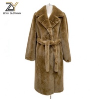 Manteau long élégant Zeyu pour femme en fausse fourrure camel, col à revers, ceinture à la taille, veste d'hiver de luxe, manteaux en fausse fourrure écologiques pour femme ODM