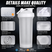 Bouteille shaker protéinée personnalisée avec logo, 600 ml, sans BPA, en PP, avec couvercle à bouton-poussoir et boule mélangeuse, anti-fuite, pour la gym, le sport et le fitness