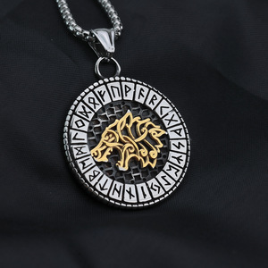 Vintage Nordic <b>Style</b> Geometric Asymmetrical Men's Stainless Steel Wolf <b>Head</b> Pendant Necklace Viking Rune Design for Fashion - Product Image 2