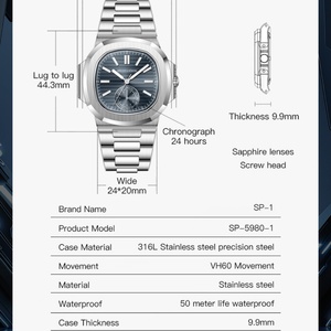 Men's Classic 5980 Watch Japan VH60 Movt Luminous AR Coating Sapphire Crystal Steel <b>Wristwatches</b> 50M Waterproof - Product Image 2