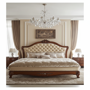 Elegante cama de madera con cabecero beige copetudo y Marco tallado, disponible a precio mayorista - Product Image 1