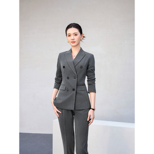 Women's Double-breasted Suit Set Gray Wool Blend Three Quarter Sleeve Formal <b>Work</b> Commuting Outfit Anti-wrinkle - Product Image 4