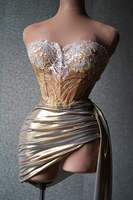 Vestido de Novia MF de Dos Piezas con Encaje y Lentejuelas, Sin Mangas, Corte A, Cintura Imperio, Sexy, Mini, de Poliéster, con Diseño Geométrico de Robot