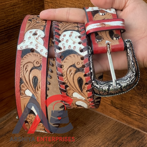 Nuevo Western Stylish Real Genuine Hand Tooled Leather Floral Paint Designer Belts Cinturón de cintura unisex de cuero hecho a mano de alta calidad - Product Image 1