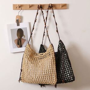 2025 Summer New Arrival Fashion Woven Straw Bag Wooden Bead <b>Square</b> Shoulder Hollow Design Beach Bag - Product Image 1