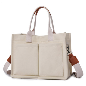 Canvas Tote <b>Bag</b> For Women Solid Color Business <b>Work</b> Shoulder Crossbody <b>Bag</b> With Zippered Pocket - Product Image 4
