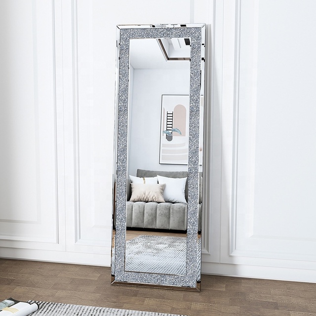 Luxury Crushed Diamond Full Body Standing Mirror for Living Room Hot Sale Rectangle Decorative Wall Mirror