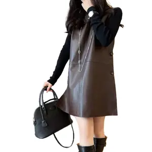 New Design Fashionable Solid Color Round Neck Sleeveless Women's Real Leather Dress Wholesale