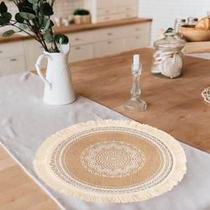 Napperon en toile de jute naturelle bohème 15 "napperons ronds en jute à bord frangé pour table à manger décorative - Product Image 5