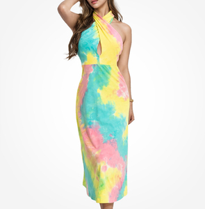 Transpirable verano Tie-Dye bambú algodón Bodycon vestido ropa Halter cuello sin mangas mujeres <span class=keywords><strong>Midi</strong></span> <span class=keywords><strong>vestidos</strong></span> - Product Image 2