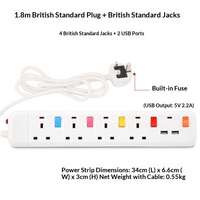 Multiprise de protection de charge norme britannique 13A, cordon d'extension 1,8 m, fiches US/UK, matériau PC/Laiton, fabricant