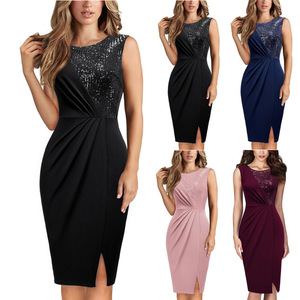 Robe de soirée fendue à sequins sans manches de couleur unie pour femmes européennes et américaines vêtements ethniques vêtements d'<span class=keywords><strong>Inde</strong></span> et du Pakistan - Product Image 1