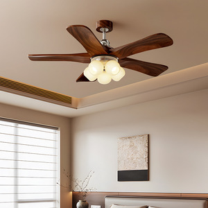 Vintage Style Ceiling Fan Light Walnut Wood 2026 New Design Fixed Blade Flush Mount LED Light Source 220V Living Room Dining - Product Image 1