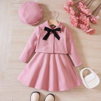 Ensemble 3 pièces de vêtements d'automne pour enfants : Robe manteau unie à manches longues avec nœud en polyester/coton, chapeau et tenue de princesse tendance pour enfants