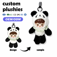 Porte-clés en peluche Panda OEM personnalisé avec yeux étoilés, visage de poupée, col à carreaux, support de logo, échantillon disponible, vente en gros, accessoire de jouet