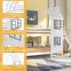 Lit superposé pour enfants en bois massif avec <span class=keywords><strong>escalier</strong></span>, design moderne de maison dans les arbres, <span class=keywords><strong>deux</strong></span> <span class=keywords><strong>niveaux</strong></span>, fenêtres, meubles de chambre d'enfant - Product Image 3
