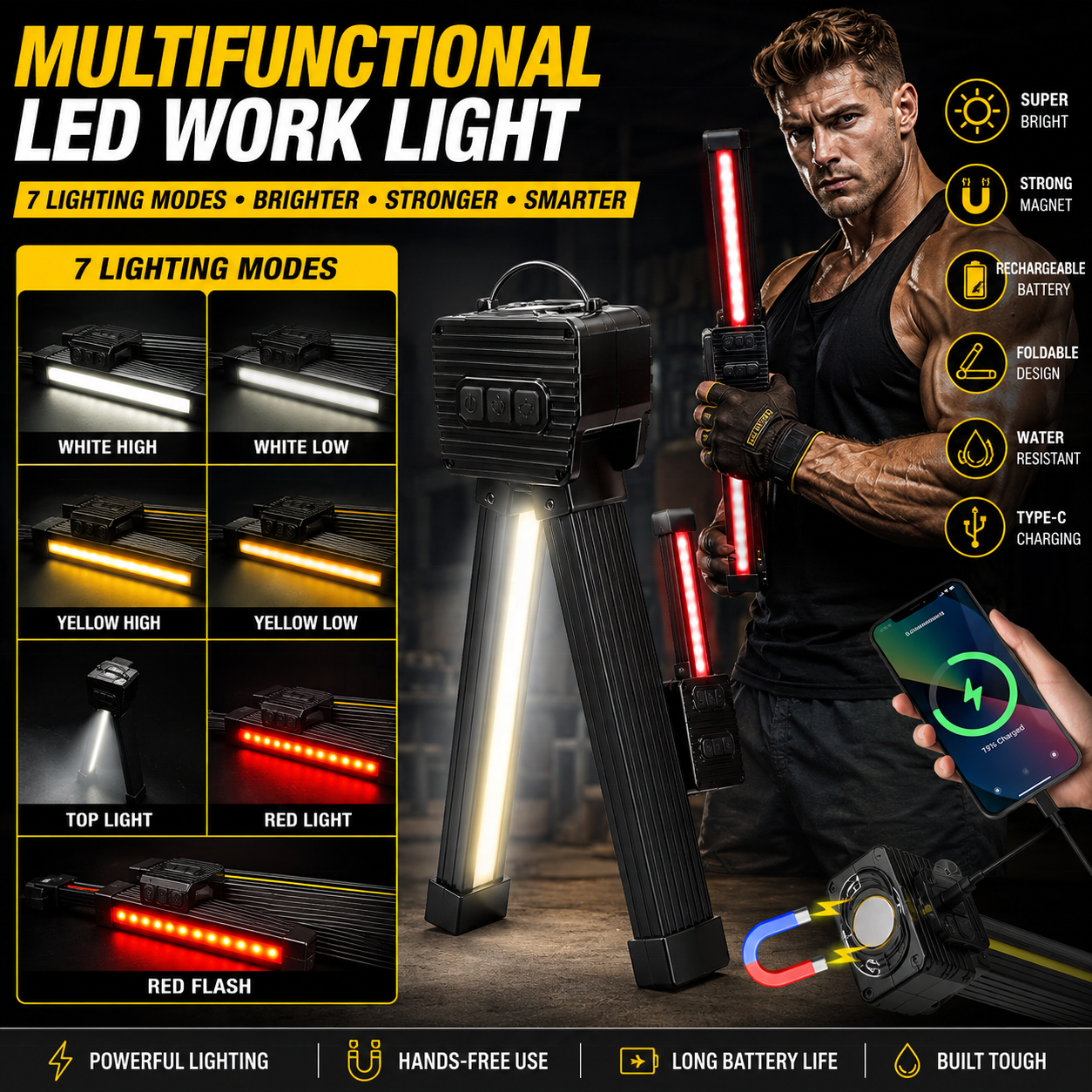 Magnetic Rechargeable Dimmable Bright Work Light 180 Foldable Portable Gym Posing Light Hook Handheld LED Flashlight Camping