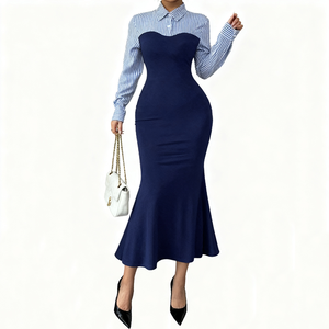 Nouvelle robe maxi tendance pour femmes, style sirène, robe de bureau pour femmes, col chemise rayé, manches longues, robe pour le travail - Product Image 1