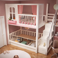 JS FURNITURE Neues Design Kinderhaus-Prinzessin-Doppelbett Schlafzimmermöbel Kinder-Holz-Hochbett mit Rutsche und Stauraumtreppe