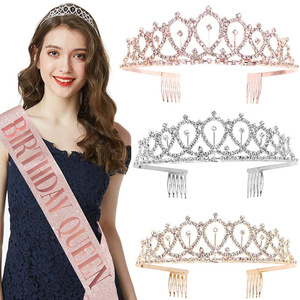 BIRTHDAY QUEEN Party Girl Hair Band Ceremonial Belt Crown Set <span class=keywords><strong>Rose</strong></span> Onion pink Shoulder Strap - Product Image 1