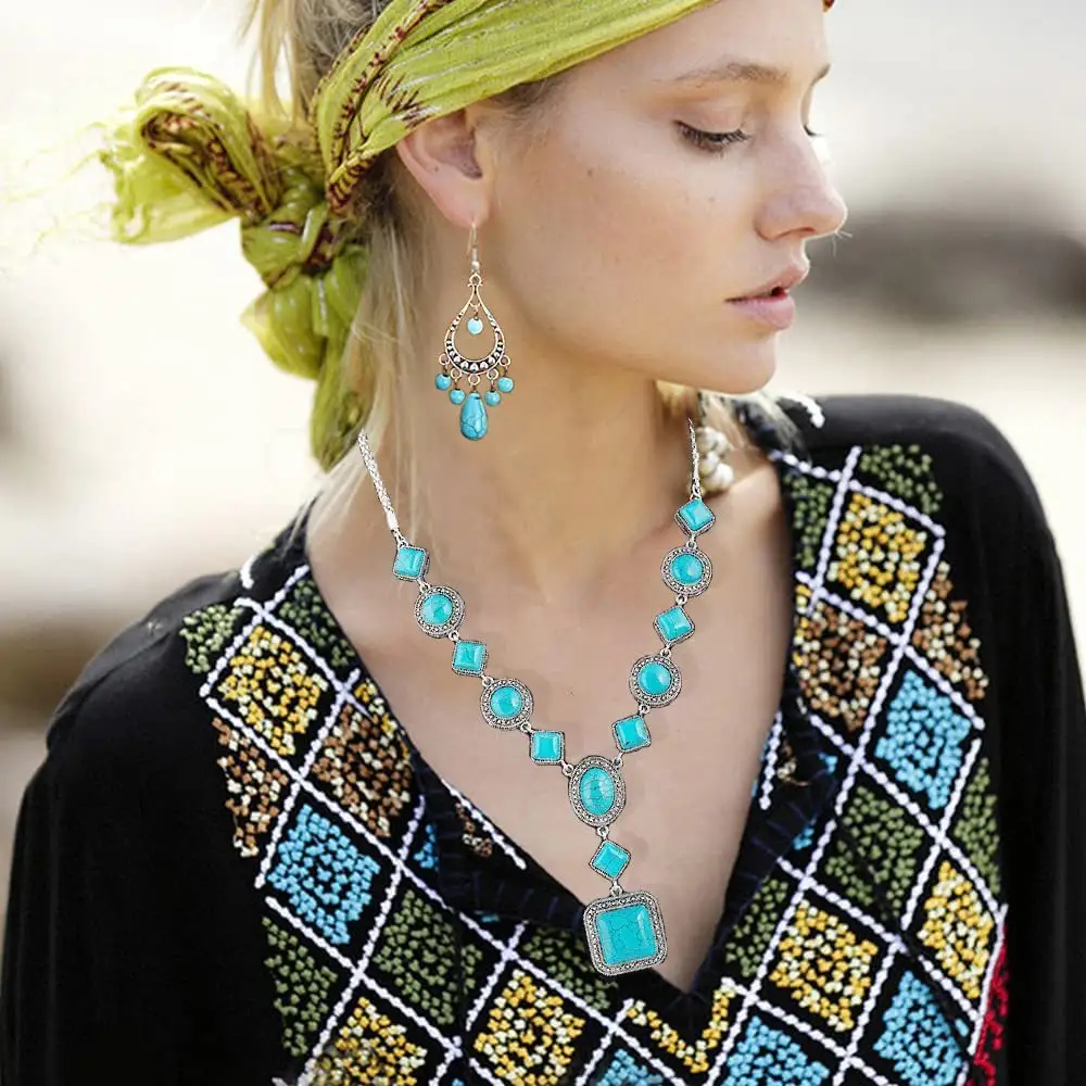2023 Kundan Ấn Độ Món Quà Vòng Hình thoi Bohemian Turquoise Phụ Nữ Đồ Trang Sức Thời Trang Bộ Dây Chuyền Bông Tai Vòng Tay & Bangles