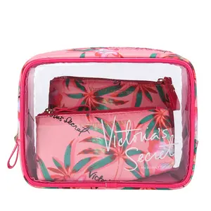 Ensemble Sac de Cosmétiques de Beauté pour Femmes de Grande Capacité Sac de Voyage Cosmétique de Toilette Personnalisé en PVC Étanche Rose