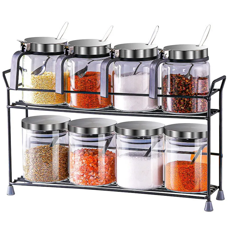 LMK319 Punch-Free Multifunctional Kitchen Cabinet Spice Rack Metal Wall Mount Mason Jar Hanging Shelf and Seasoning Jar Set