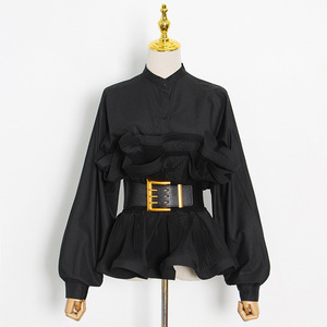 Blusa de Moda para Mujer, Nueva Colección de Verano, Cuello Alto, Manga Larga, Plisada y con Volantes - Product Image 3