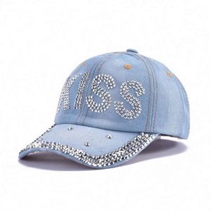 Gorras de béisbol de mezclilla para mujer al por mayor, modelo común de 6 paneles con pedrería brillante y hebilla metálica - Product Image 4