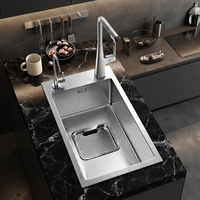 Évier simple moderne fait main en acier inoxydable MOSHE, 6 couches, avec système de récupération des déchets latéraux, robinet extractible 304 avec tuyau de 40 mm, pour maison, bar, bureau