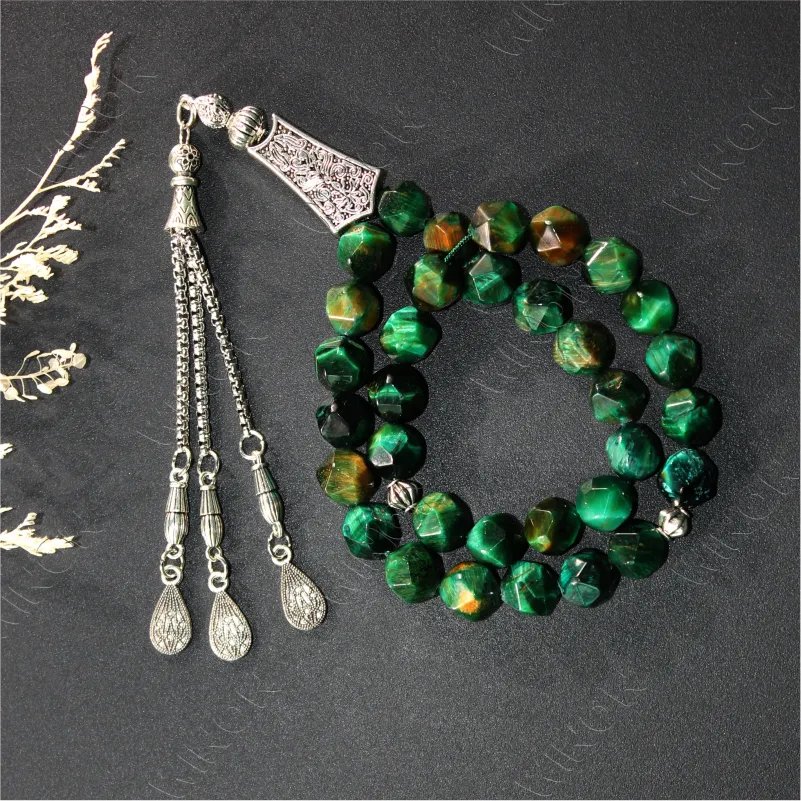 Green Natural Tiger Eye Diamond Cut 10mm Beads With Silver Accessories Misbaha Prayer Beads Islamic Tasbih Muslim Rosaries