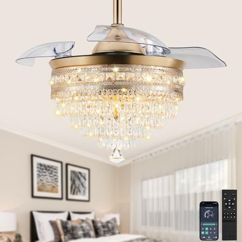 2026 New USA 42 Inch Modern Crystal Glass Chandelier Retractable LED Ceiling Fan Lamp with Remote Control Light