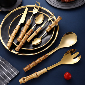 Juego de Cubiertos de Acero Inoxidable con Mango de Bambú Natural, 10 Piezas, Cuchillo para Carne, Tenedor, Cuchara, Utensilios para Postre y Ensalada - Product Image 1