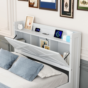 Twin Size Wooden <b>Bed</b> with <b>Storage</b> Headboard with Outlets Extendable <b>Bed</b> Trundle with Three <b>Storage</b> Drawers for Hotel Bedroom - Product Image 2