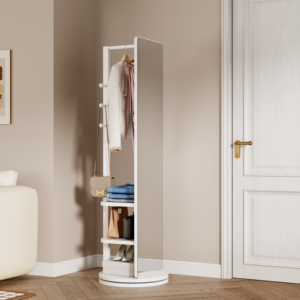 360 °   Miroir sur pied multifonctionnel blanc rotatif avec <span class=keywords><strong>porte</strong></span>-<span class=keywords><strong>manteau</strong></span> et rangement à crochets en bois massif - Product Image 5