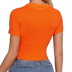 Top Corto da Donna in Maglia a Costine con Colletto e Zip, Casual, Alta Qualità, Primavera-Autunno, Arancione, Aderente - Product Image 2