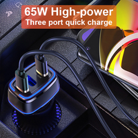 Pengisi daya ponsel tiga Port, pengisi daya ponsel daya tinggi 65W dengan 2 CIP cerdas & LED, adaptor tiga Port PD QC 3 Port
