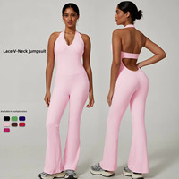 Meilleure vente transfrontalière : Combinaison de yoga une pièce en dentelle à col en V, haut de fitness avec design dos élégant, effet push-up fessier et contrôle du ventre, style licou